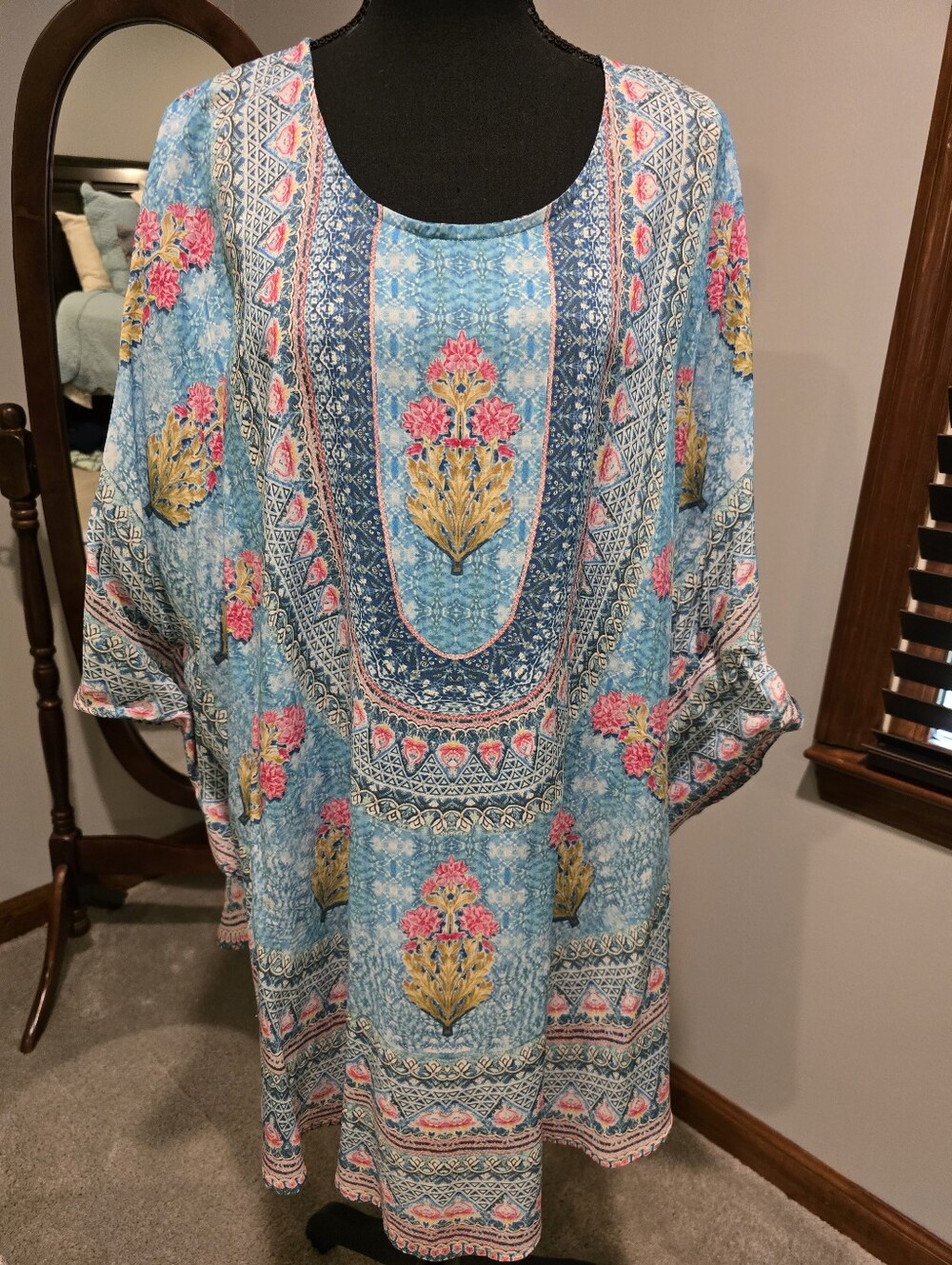 Tolani Blue Floral Tunic with Pink and Gold Accents